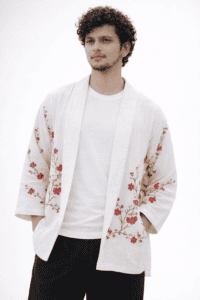 Japanese Haori Fashion AI prompt example white linen haori with red floral pattern studio style