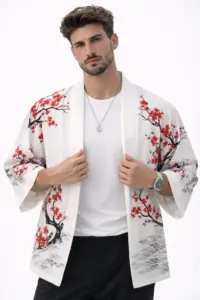 Japanese Haori Fashion AI prompt example white linen haori with red floral pattern studio style