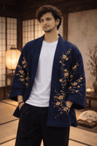 Japanese Haori Fashion AI prompt example white linen haori with red floral pattern studio style