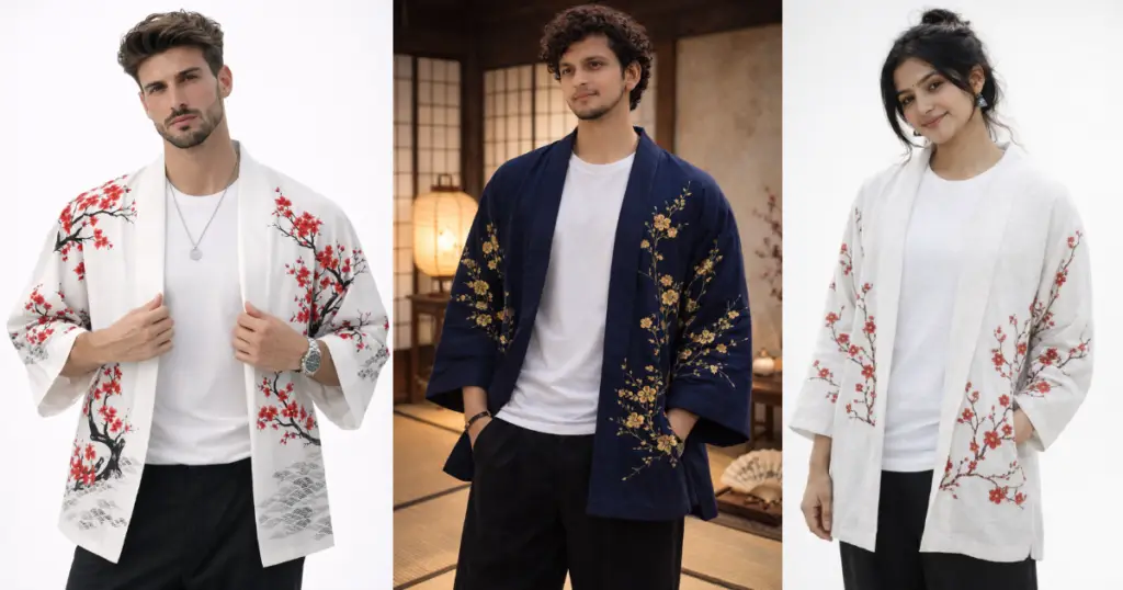 Japanese Haori Fashion AI prompt example white linen haori with red floral pattern studio style