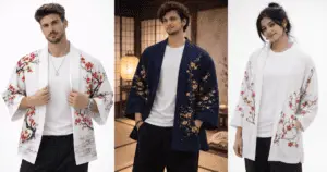 Japanese Haori Fashion AI prompt example white linen haori with red floral pattern studio style